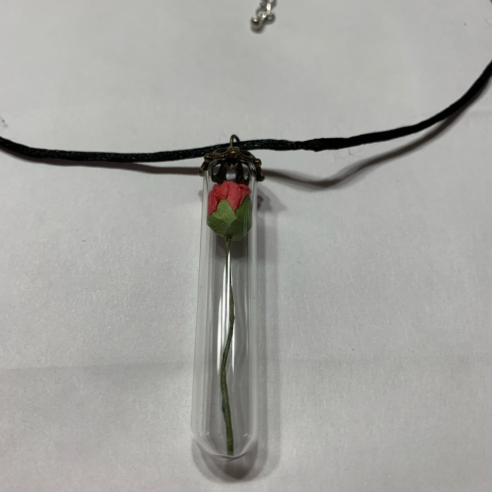 Handmade necklace with rose in a glass tube. Approximately 18” with extension.